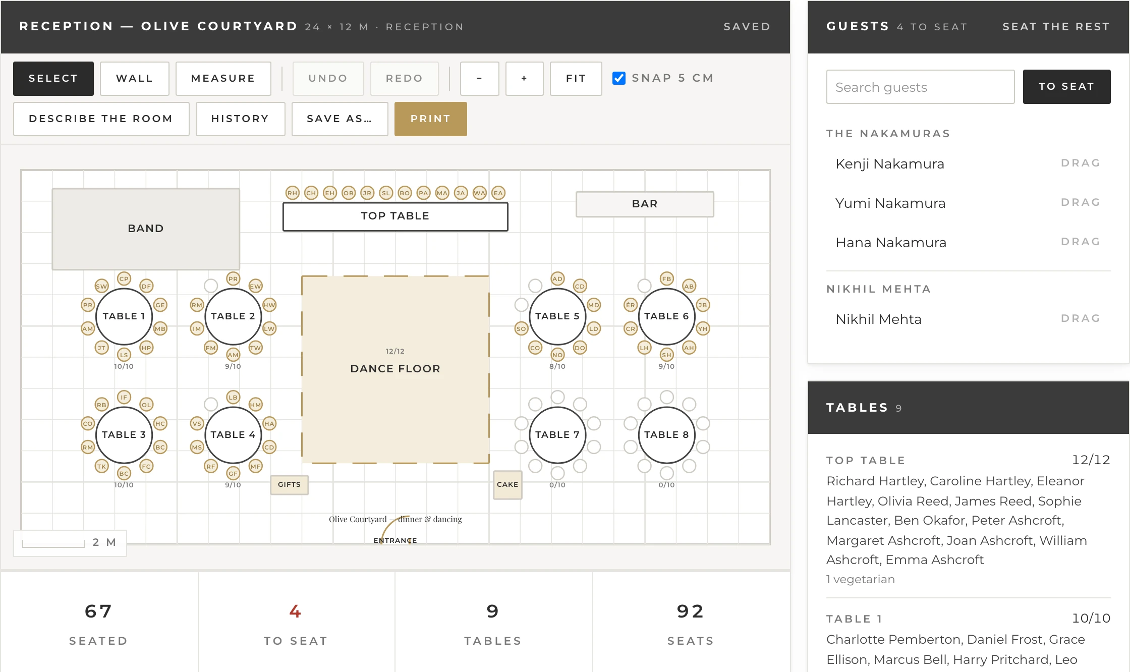 The floor plan editor in Order of Day. A reception of 24 by 12 metres is drawn on a one-metre grid: a top table along the top, eight round tables of ten with each seat marked by a guest's initials, a dance floor in the middle, a band, a bar, a gifts table, a cake table and the entrance. Beside the plan, a guest list with four people still to seat and a list of the nine tables with everyone sitting at them. Counters underneath read 67 seated, 4 to seat, 9 tables, 92 seats.